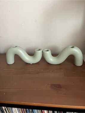 Set of Two Curved wavy Ceramic Candle Holders — Sage Green